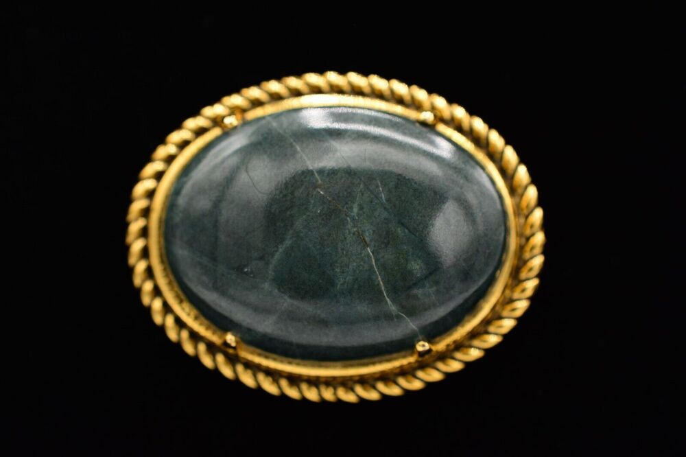 Vintage Cabochon Pin Brooch Green Marbled Gold Tone Chunky Oval 1980s BinAP